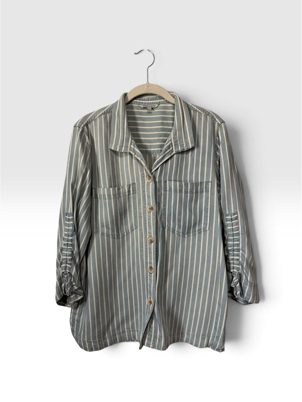 John Mark Coastal Casual Light Blue and White Striped Button-Up Shirt Size S